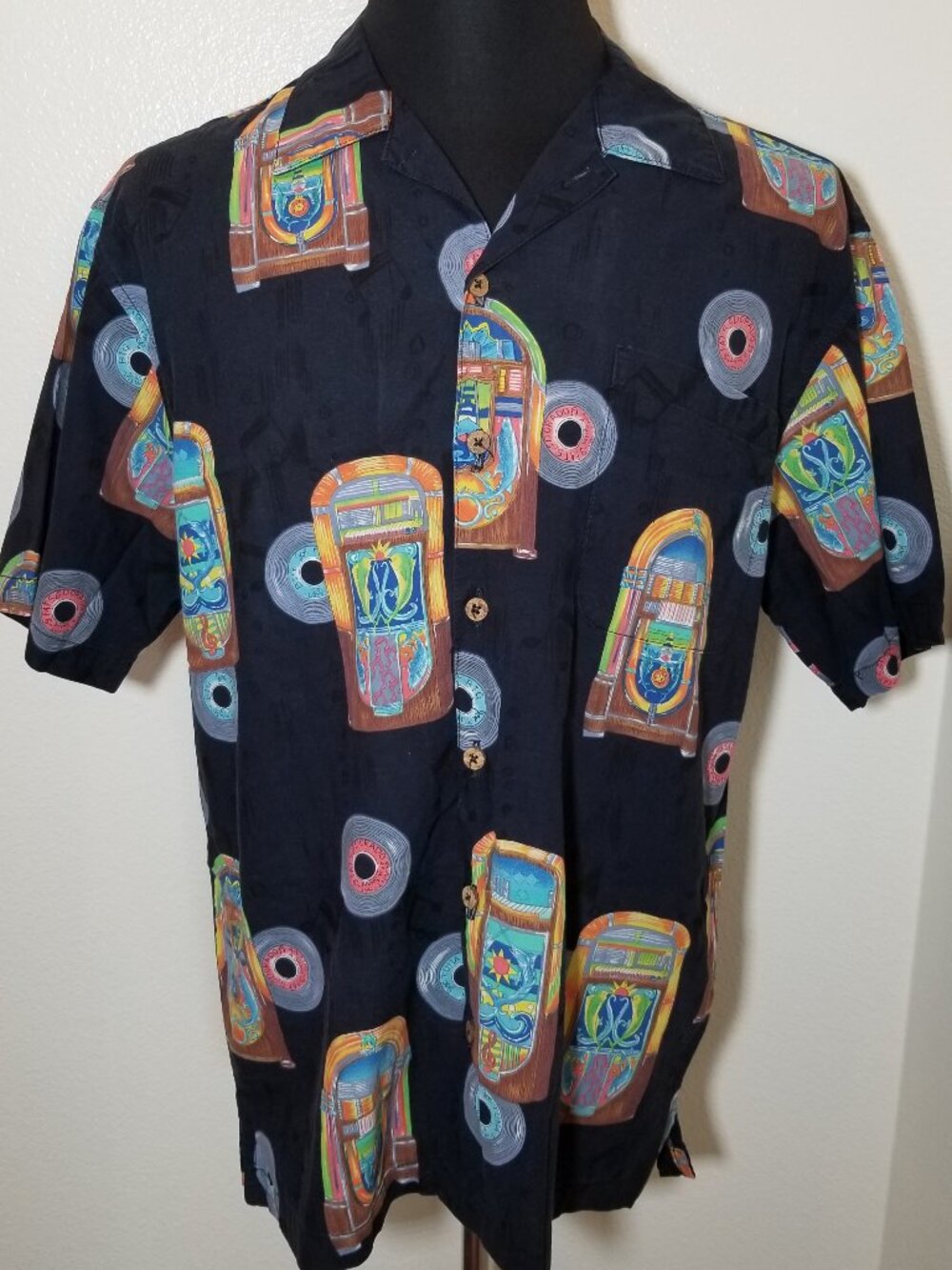 Bluewater Wear Mens L Black Button Up Shirt Juke Box Records Retro 50's Party